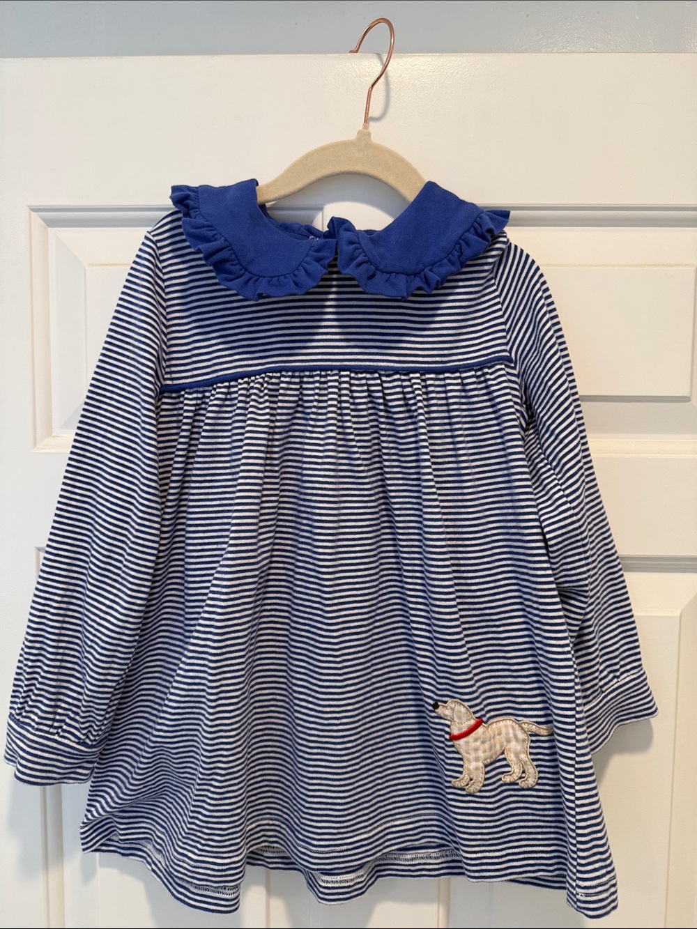Girls Stitchy Fish Blue White Striped Top with Puppy Dog Embroidered Patch